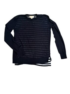 Michael Kors sheer navy cotton knit top sweater with striped underlay lining M